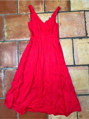 Joie Red V-Neck Sleeveless Linen Midi Dress